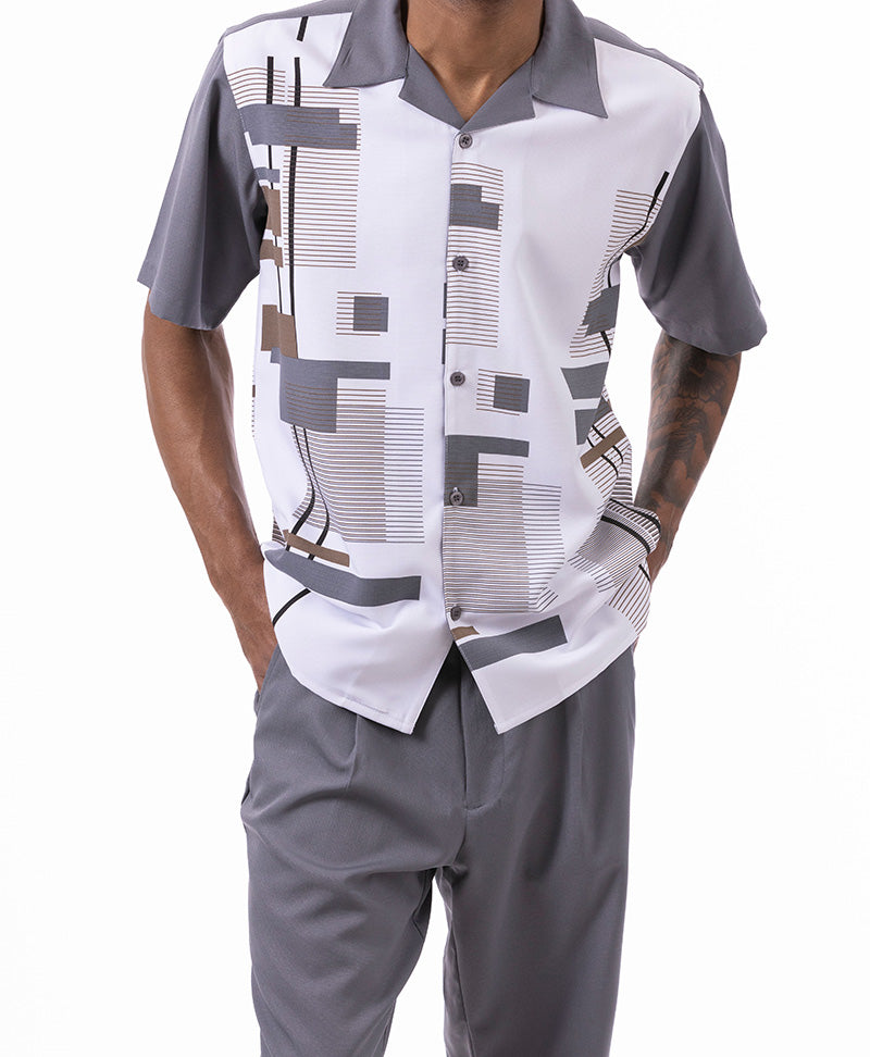 Gray Line Pattern Walking Suit 2 Piece Short Sleeve Set