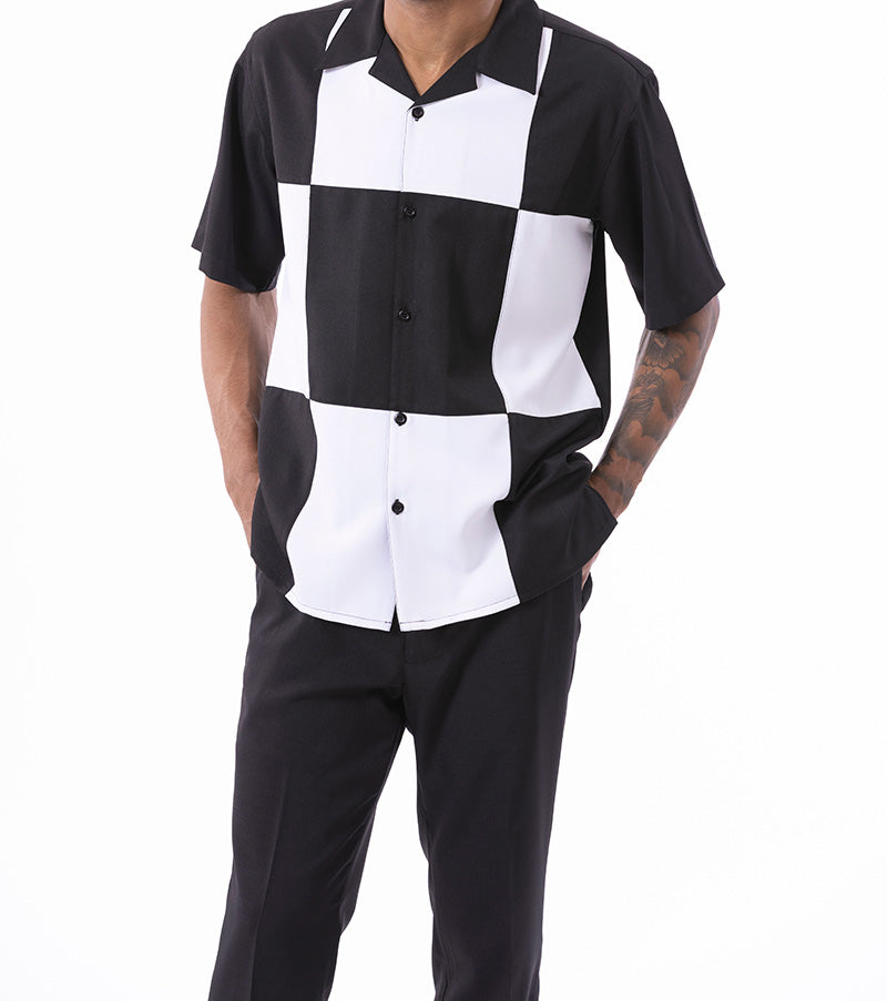 Black Color Block Walking Suit 2 Piece Short Sleeve Set