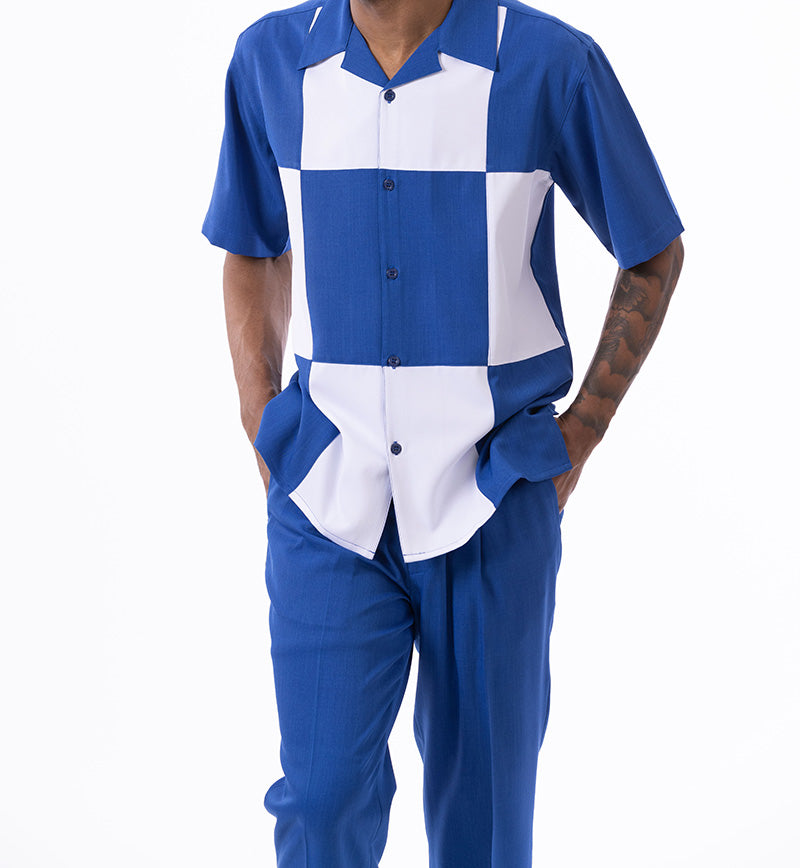 Cobalt Blue Color Block Walking Suit 2 Piece Short Sleeve Set