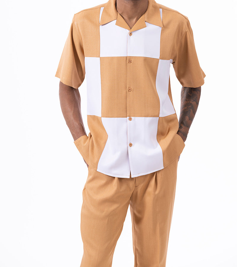 Cognac Color Block Walking Suit 2 Piece Short Sleeve Set