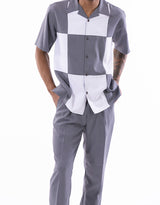Gray Color Block Walking Suit 2 Piece Short Sleeve Set