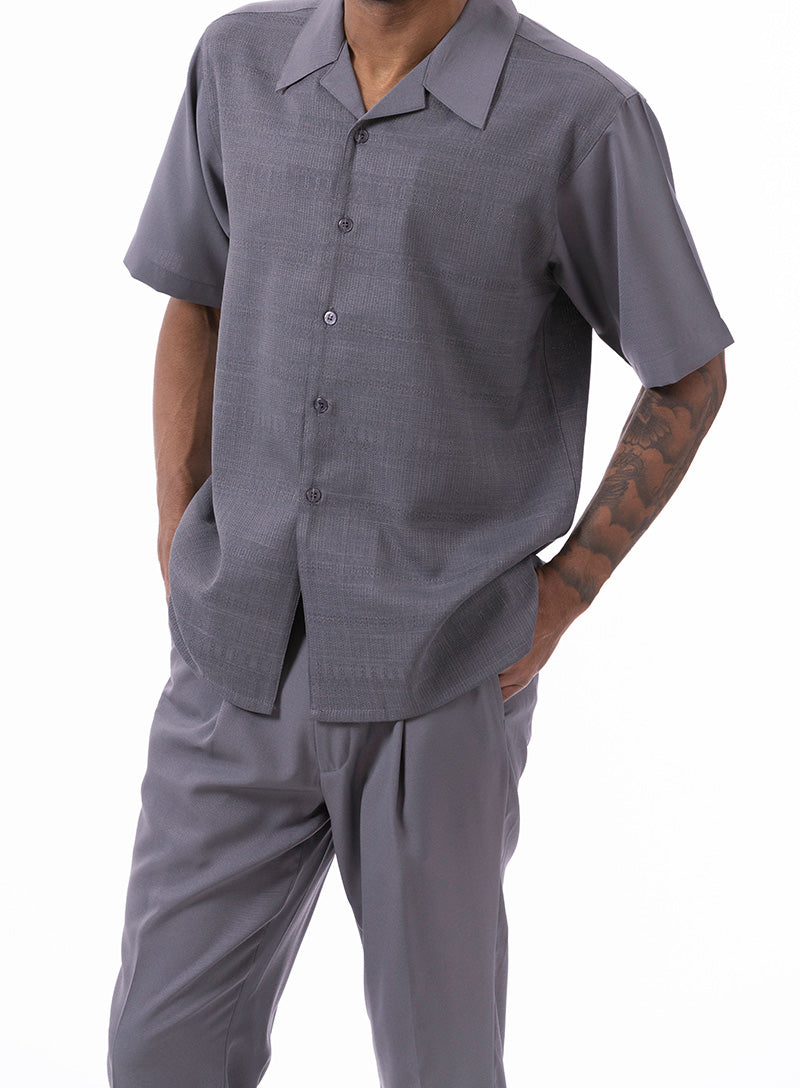Gray Weave Pattern Walking Suit 2 Piece Short Sleeve Set