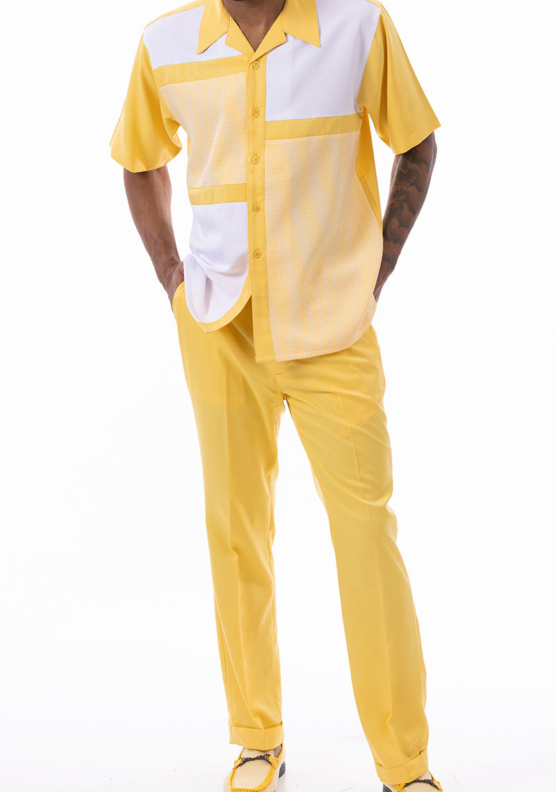 Canary Yellow Color Block Walking Suit 2 Piece Short Sleeve Set