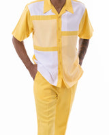 Canary Yellow Color Block Walking Suit 2 Piece Short Sleeve Set