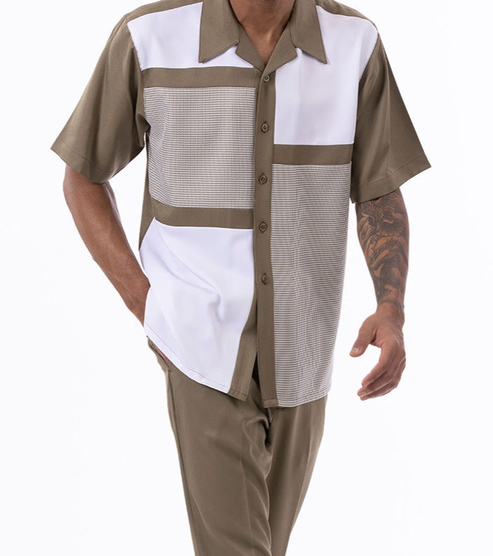 Olive Color Block Walking Suit 2 Piece Short Sleeve Set
