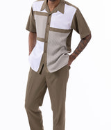 Olive Color Block Walking Suit 2 Piece Short Sleeve Set