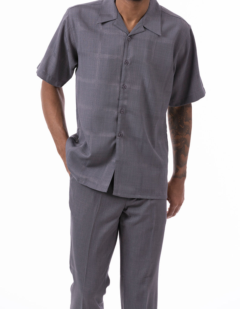 Gray Tone on Tone Windowpane Walking Suit 2 Piece Short Sleeve Set