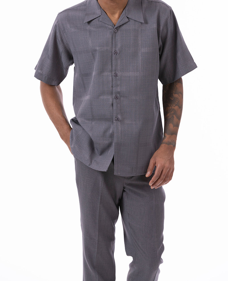 Gray Tone on Tone Windowpane Walking Suit 2 Piece Short Sleeve Set