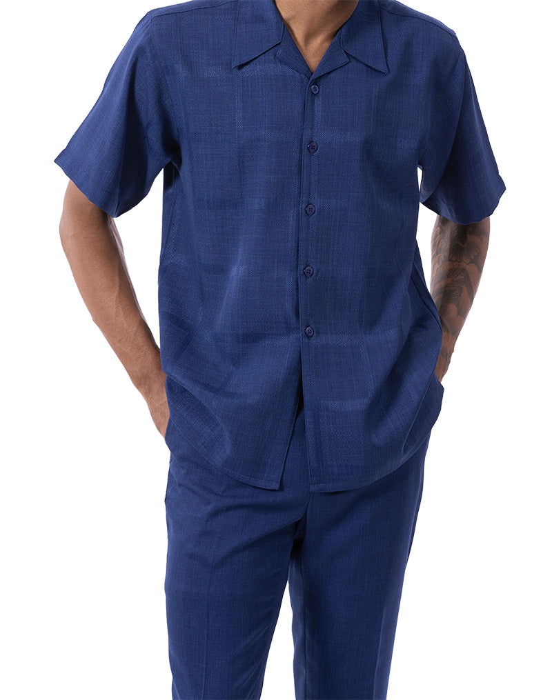 Navy Tone on Tone Windowpane Walking Suit 2 Piece Short Sleeve Set