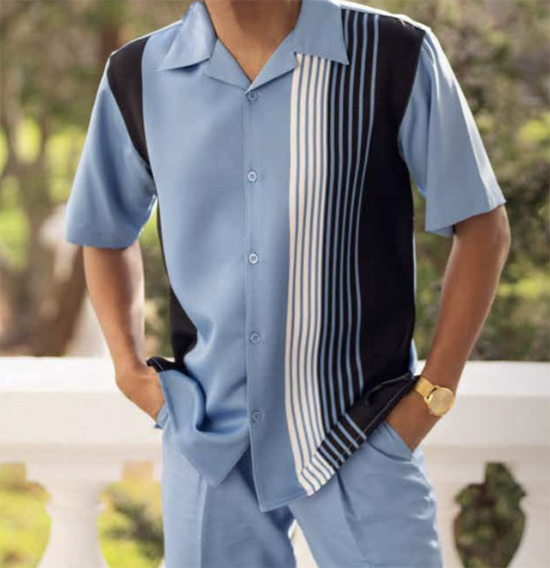 Carolina Blue Vertical Stripe Design Walking Suit 2 Piece Short Sleeve Set