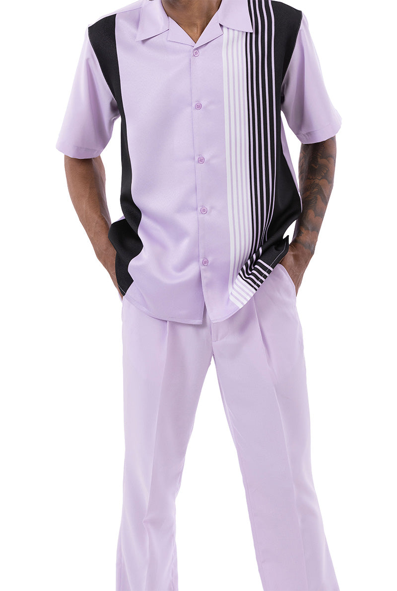 Lavender Vertical Stripe Design Walking Suit 2 Piece Short Sleeve Set