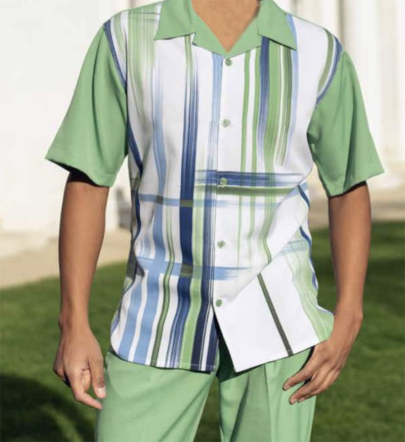 Apple Gradient Color Stripe Design Walking Suit 2 Piece Short Sleeve Set with Shorts