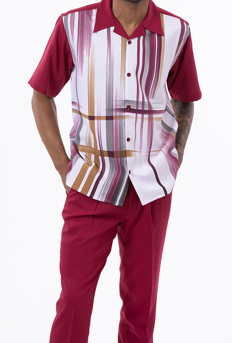 Burgundy Gradient Color Stripe Design Walking Suit 2 Piece Short Sleeve Set