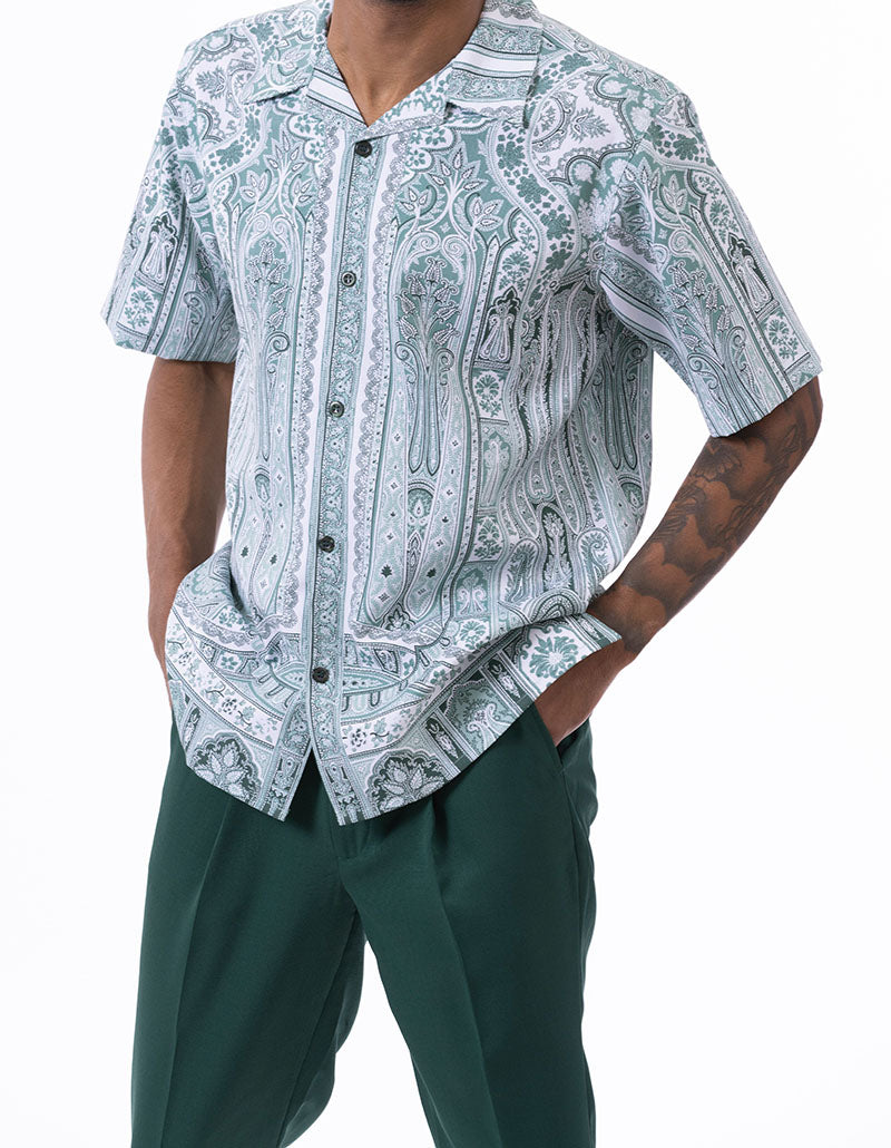 Emerald Floral Pattern Walking Suit 2 Piece Short Sleeve Set