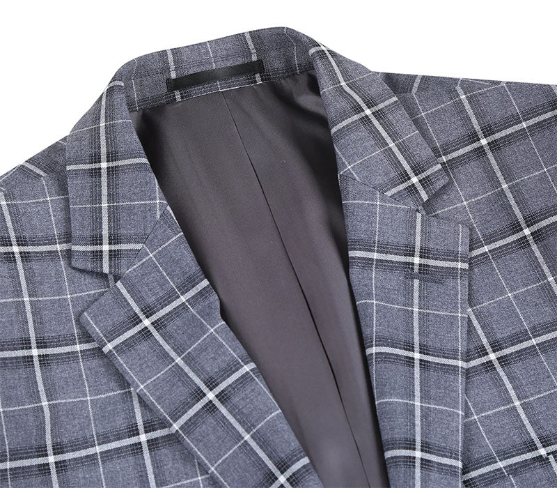 Regular Fit 2 Piece Notch Lapel Suit Gray Check Pattern