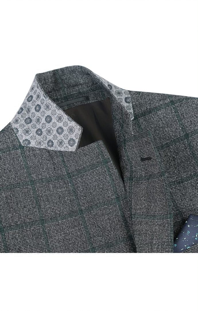(42R, 44L) Wool Blend Plaid Pattern Regular Fit 2 Button Blazer in Grayish Brown