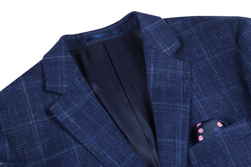 Wool and Silk Regular Fit Blazer Windowpane Pattern in Navy