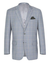 100% Wool Windowpane Pattern Regular Fit 2 Button Blazer in Stone Blue