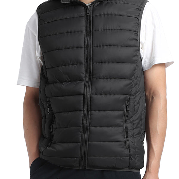 Men's Winter Quilted Puffer Vest with Detachable Hood in Black