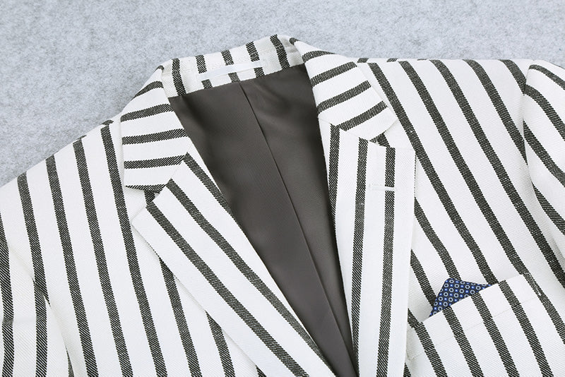 Black Striped Linen Blend Slim Fit 2 Button Blazer