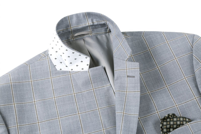 100% Wool Windowpane Pattern Regular Fit 2 Button Blazer in Stone Blue
