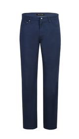 Stretch Cotton Flat Front Pants Straight Legs in Blue