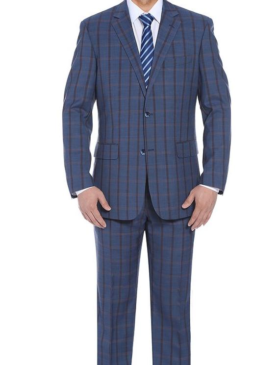 Bova Collection - Stretch Suit 2 Piece Blue Glen Plaid Regular Fit