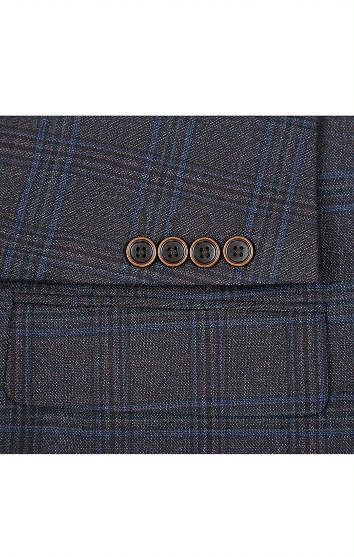 Wool Blend Plaid Pattern Regular Fit 2 Button Blazer in Burgundy