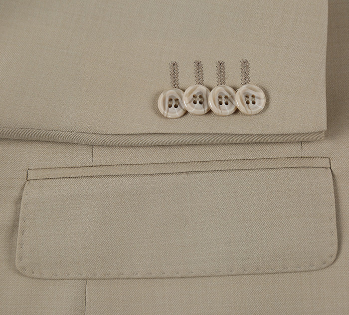 Bevagna Collection - Beige 100% Virgin Wool Regular Fit Pick Stitch 2 Piece Suit 2 Button