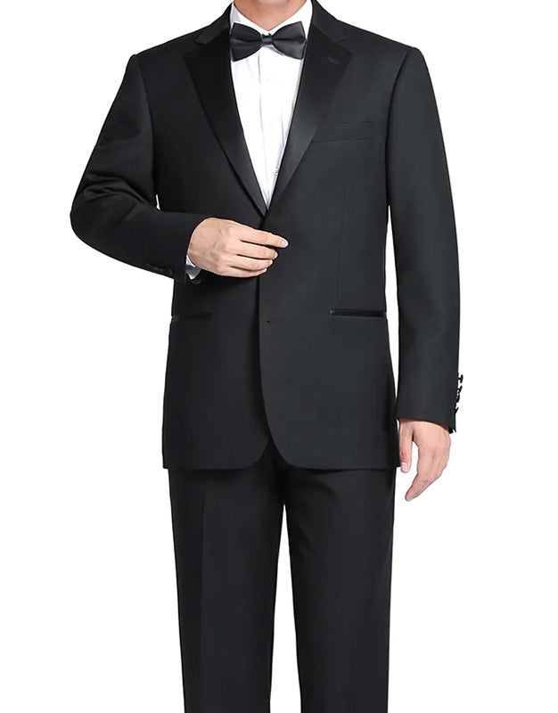 (42R) Classic Black Regular Fit 100% Wool Tuxedo Suit