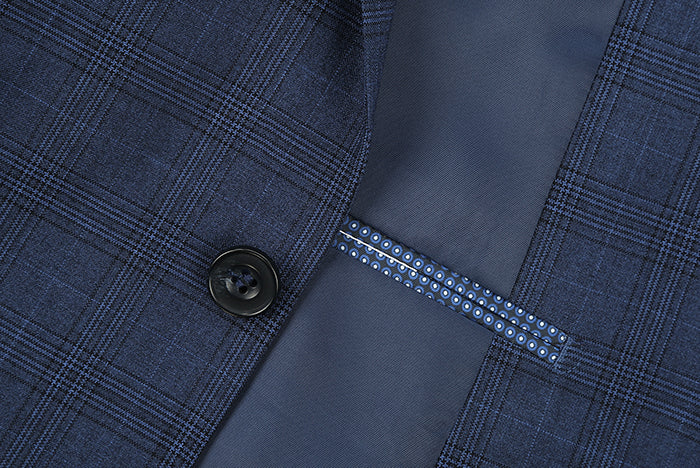 San Gemini Collection - 3 Piece Suit 2 Buttons Blue Glen Plaid Regular Fit