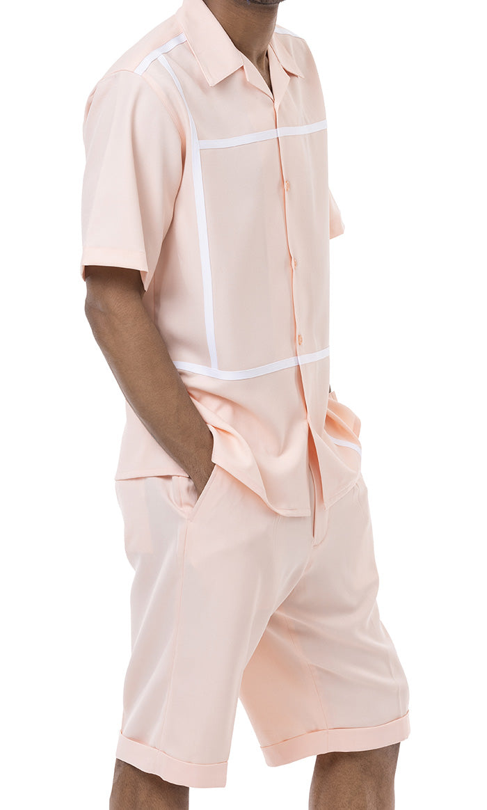 Peach Minimalist Line Design 2 Piece Short Sleeve Walking Suit with Shorts