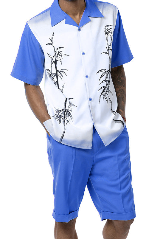 Royal Blue Tropical Print 2 Piece Short Sleeve Walking Suit with Shorts