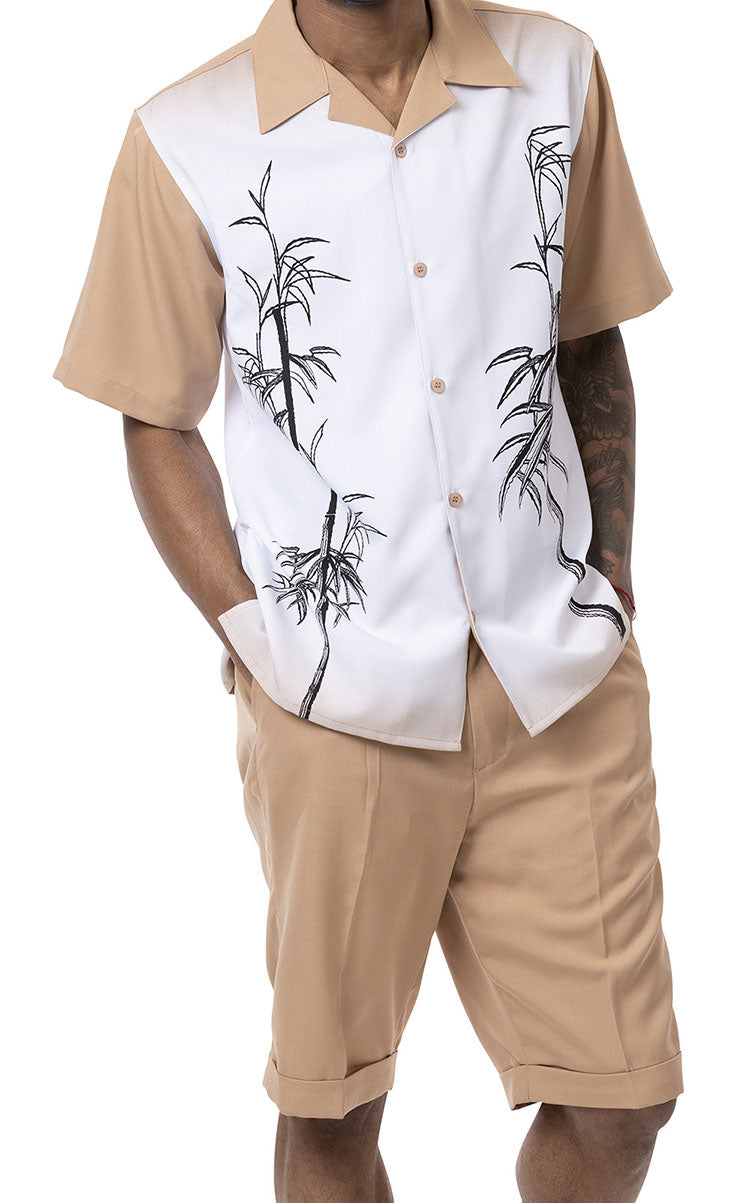 Tan Tropical Print 2 Piece Short Sleeve Walking Suit with Shorts