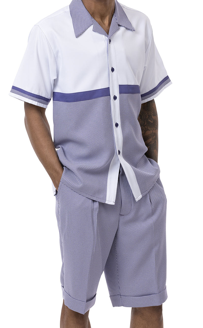 Purple 2 Piece Short Sleeve Walking Suit Set Horizontal Color Block with Shorts