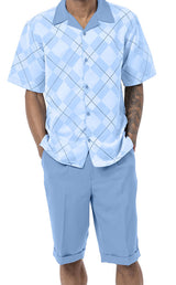 Carolina Blue 2 Piece Short Sleeve Walking Suit Argyle Pattern with Shorts