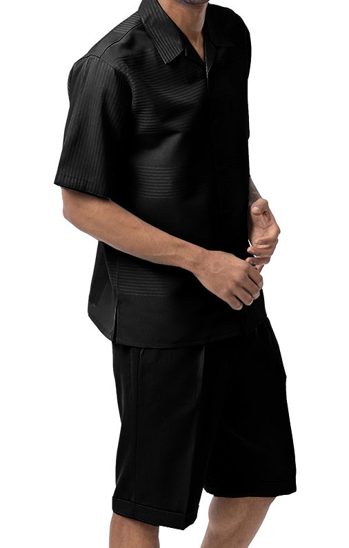 Black Tone on Tone 2 Piece Short Sleeve Walking Suit Set with Shorts