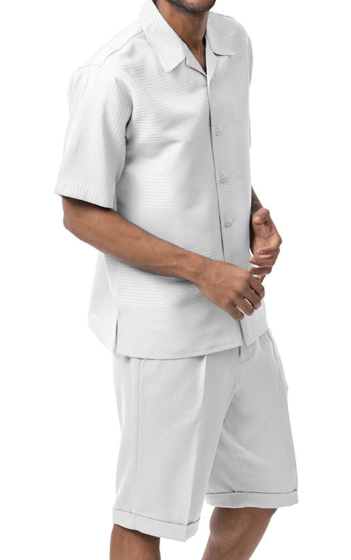 White Tone on Tone 2 Piece Short Sleeve Walking Suit Set with Shorts
