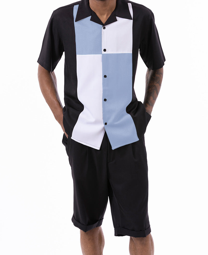 Carolina Blue Color Block Walking Suit 2 Piece Short Sleeve Set with Shorts