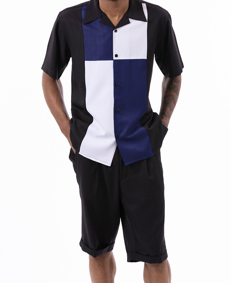 Navy Color Block Walking Suit 2 Piece Short Sleeve Set with Shorts