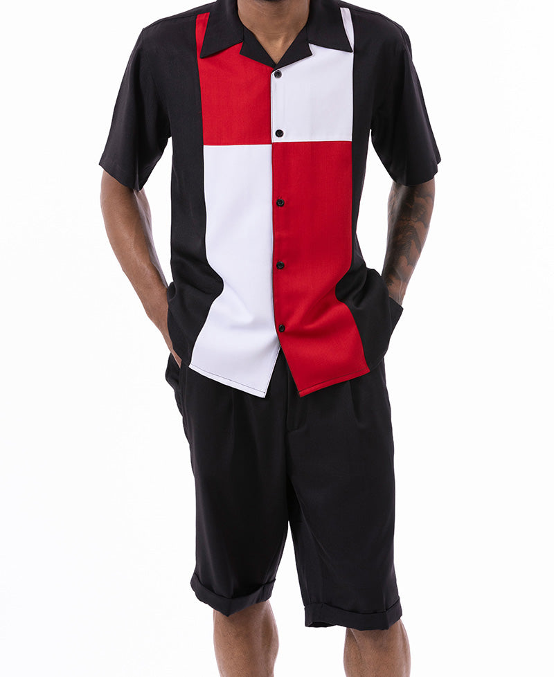 Red Color Block Walking Suit 2 Piece Short Sleeve Set with Shorts