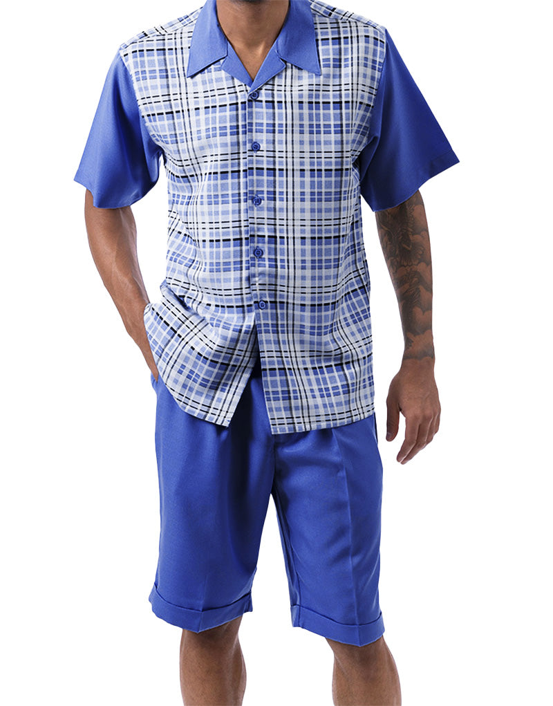 Cobalt Blue Plaid Walking Suit 2 Piece Short Sleeve Set with Shorts