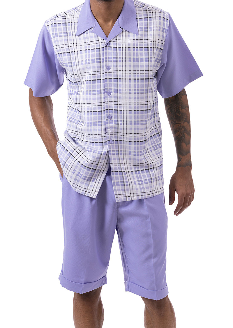 Lavender Plaid Walking Suit 2 Piece Short Sleeve Set with Shorts