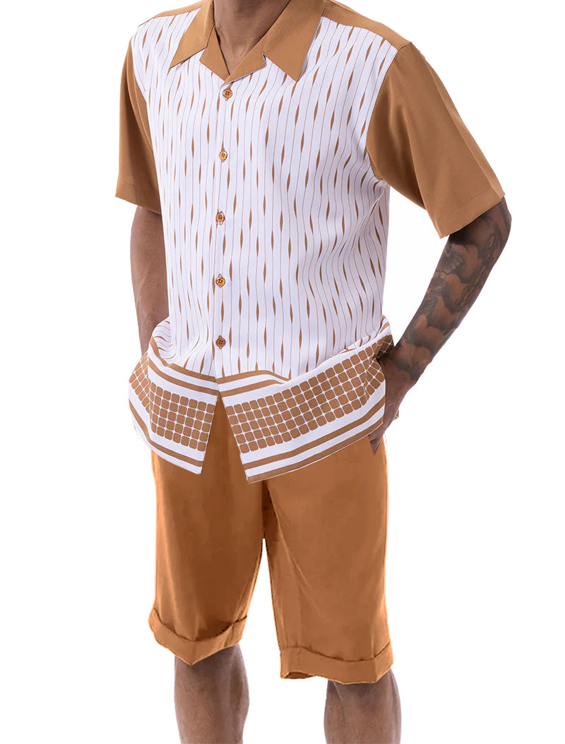 Cognac Abstract Design Walking Suit 2 Piece Short Sleeve Set with Shorts