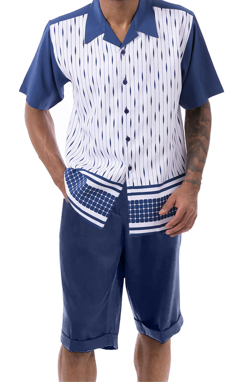 Navy Abstract Design Walking Suit 2 Piece Short Sleeve Set with Shorts