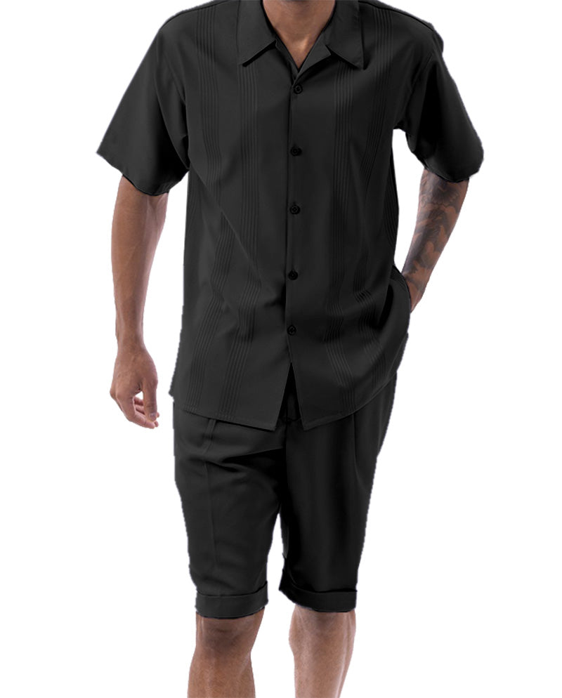 Black Tone on Tone Vertical Stripes Walking Suit 2 Piece Short Sleeve Set with Shorts
