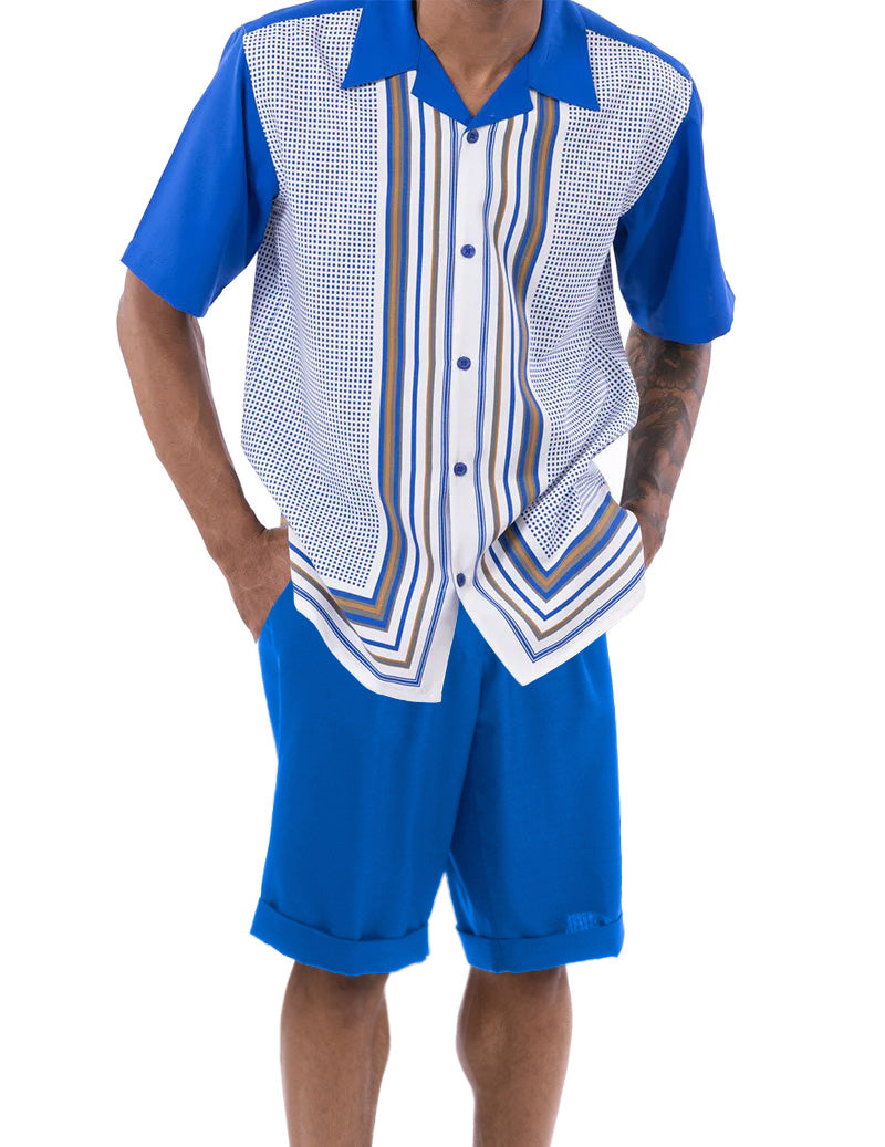 Cobalt Blue Symmetry Pattern Walking Suit 2 Piece Short Sleeve Set with Shorts