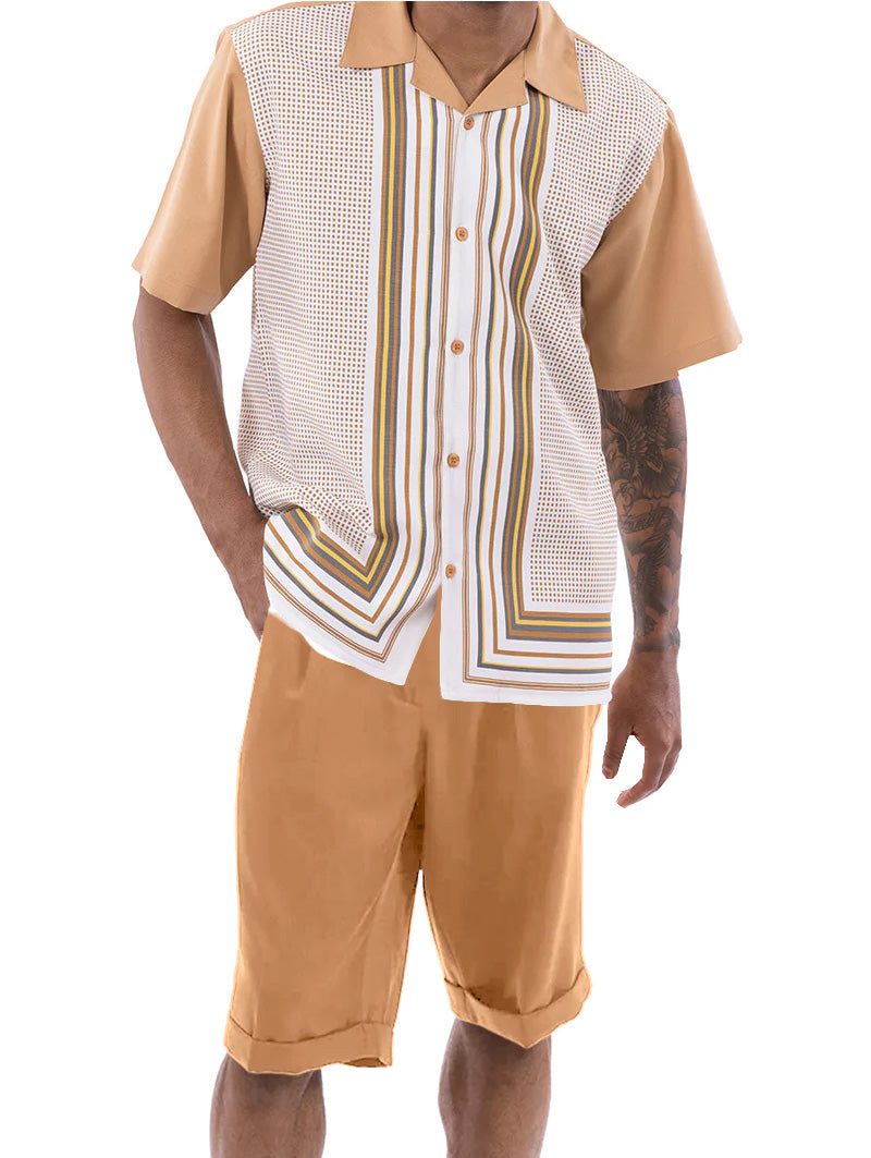 Cognac Symmetry Pattern Walking Suit 2 Piece Short Sleeve Set with Shorts