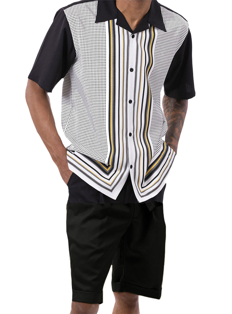 Black Symmetry Pattern Walking Suit 2 Piece Short Sleeve Set with Shorts