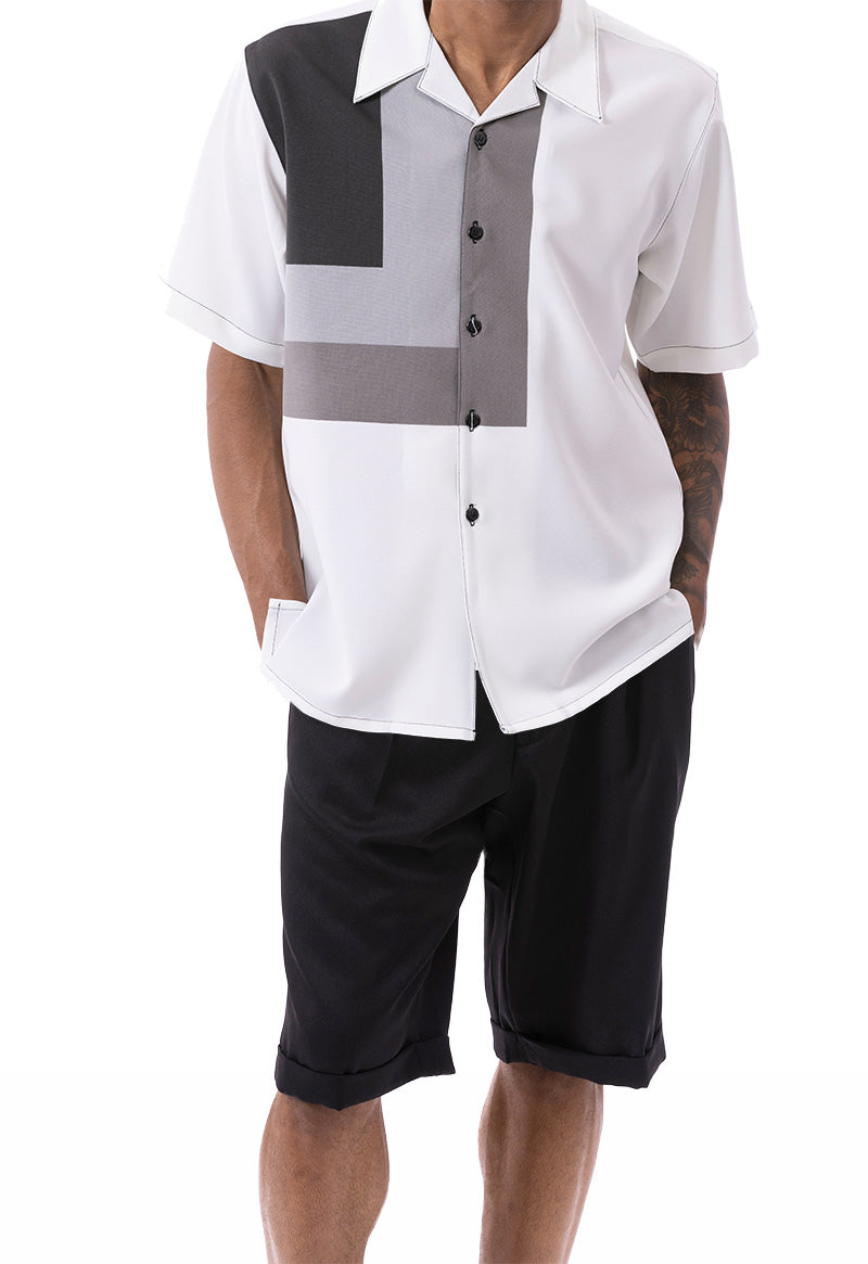 Black Geometric Design Walking Suit 2 Piece Short Sleeve Set with Shorts
